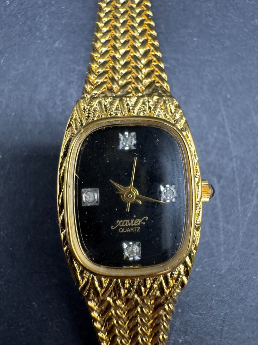 Vtg Ladies XAVIER Diamond Gold Tone Tank Quartz Wristwatch 18MM Black Dial